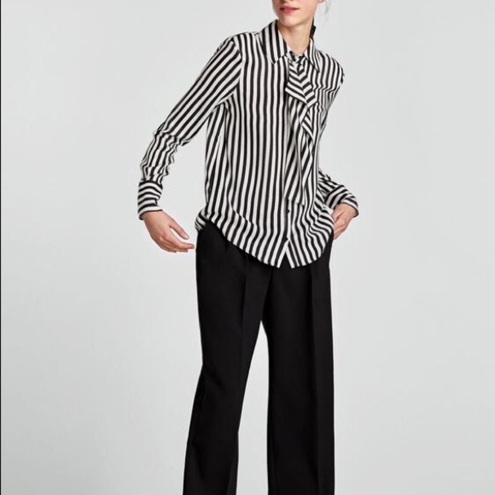 Zara striped blouse with shoulder pads ruffle front women's XS